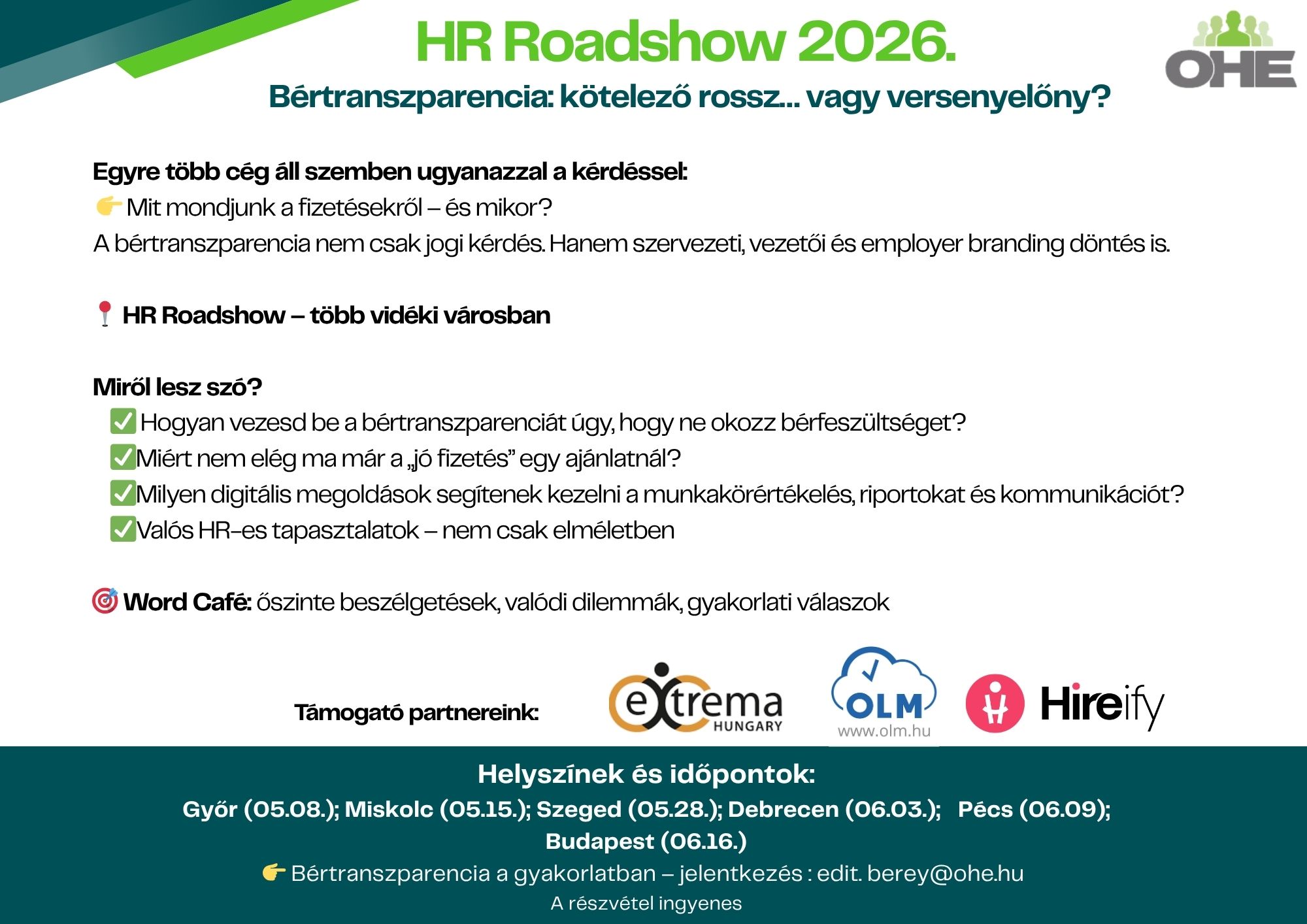 HR Roadshow 2026: Bértranszparencia -szakmai események az OHE szervezésében a Bértranszparencia szoftver támogatásával-OLM Rendszer